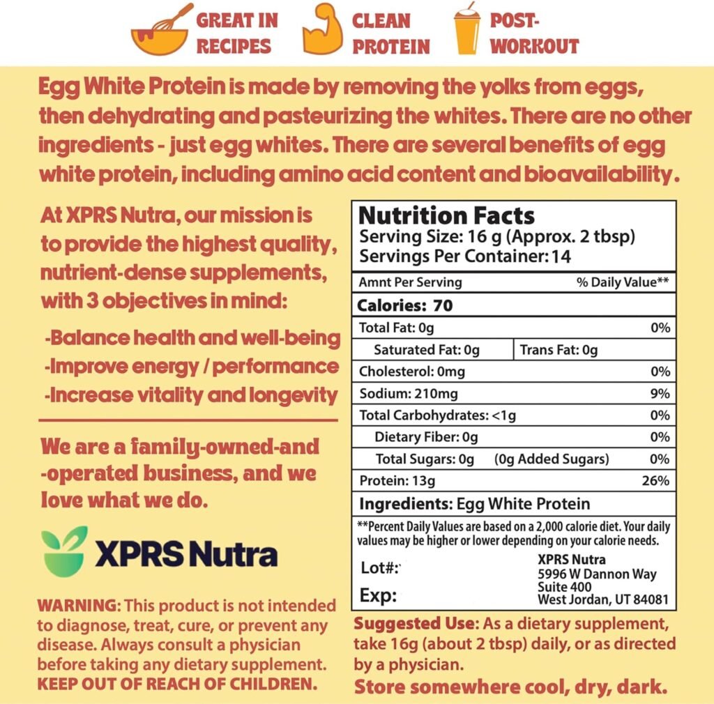 XPRS Nutra Egg White Protein Powder - Bulk Powdered Egg White Unflavored Protein Powder - 100% Egg Whites Powdered Eggs - Premium Meringue Powder Used for Egg White Powder Baking (1 Pound)