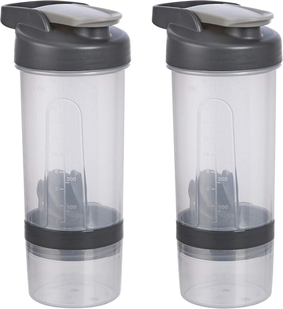 Amazon Basics Shaker Bottle with Mixer Ball – 20-Ounce, 2-Pack, Blue, 11.8x9x23cm