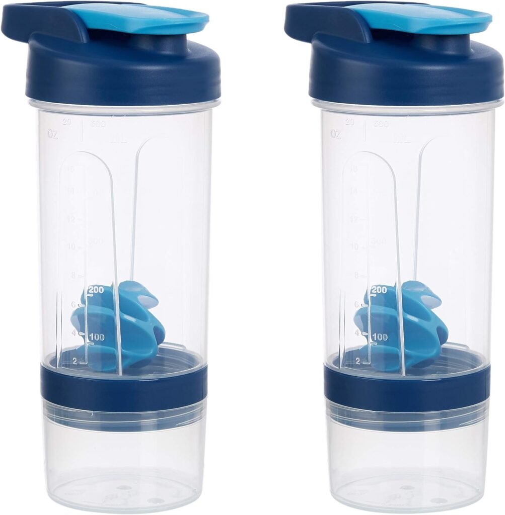 Amazon Basics Shaker Bottle with Mixer Ball – 20-Ounce, 2-Pack, Blue, 11.8x9x23cm