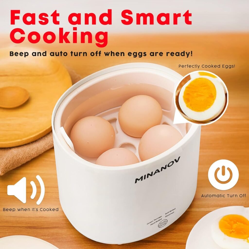 Electric Egg Cooker - Smart Egg Cooker for Hard Boiled, Soft Boiled, Steamed Egg, Onsen Tamago - Mini Egg Cooker for Kitchen, Dorm with Auto Shut Off and Beep Alarm