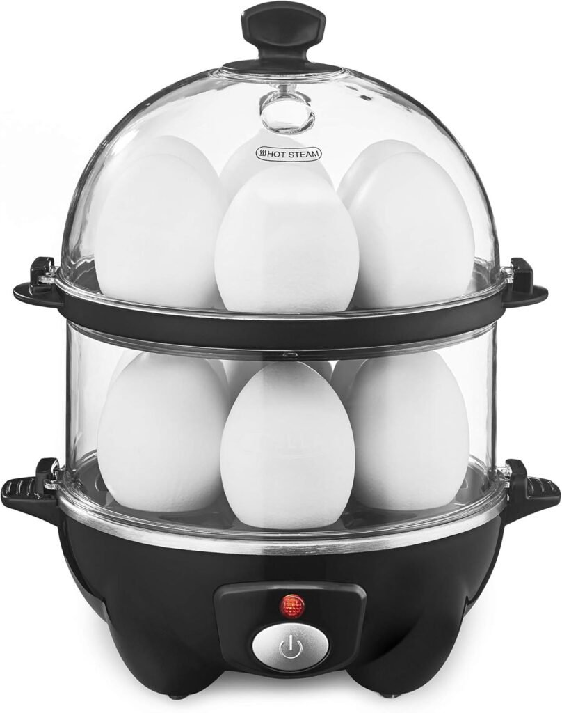 BELLA Double Tier Egg Cooker, Boiler, Rapid Maker  Poacher, Meal Prep for Week, Family Sized Meals: Up To 12 Large Boiled Eggs, Dishwasher Safe, Poaching and Omelet Trays Included, One, Black